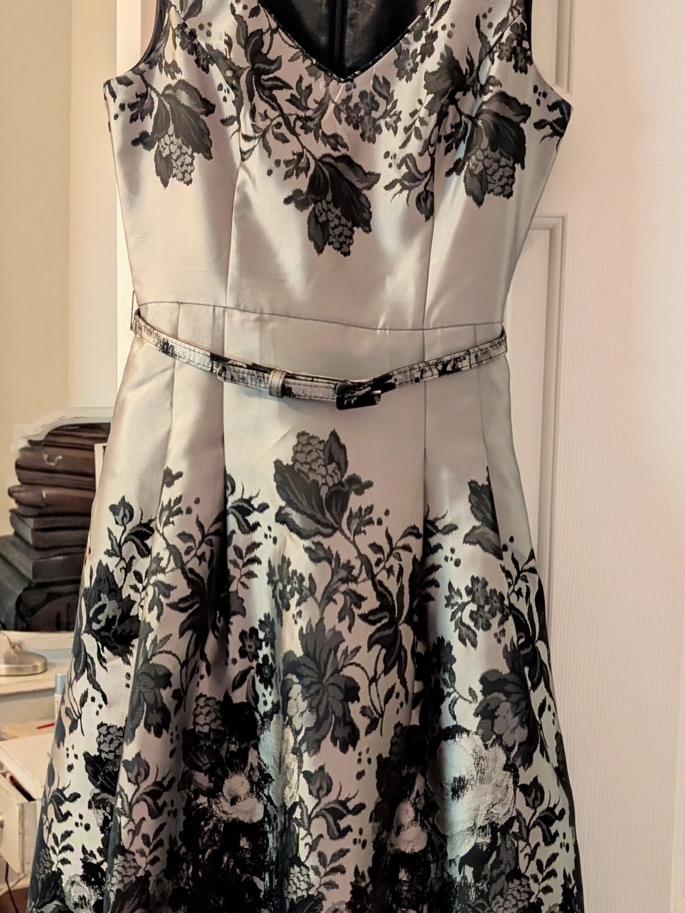 White House Black Market Silver and Black Floral Midi Dress